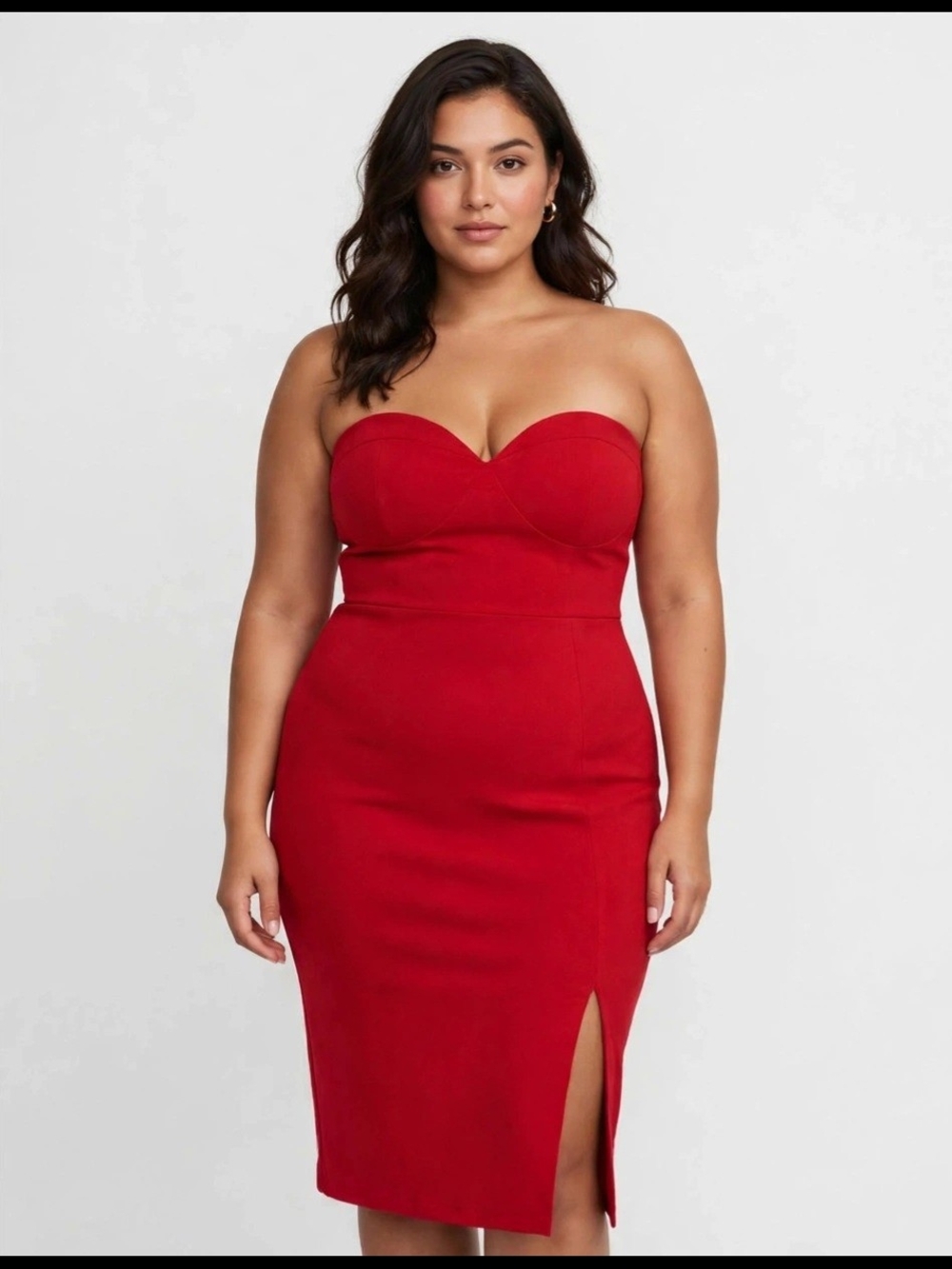 Red Strapless Sweetheart Midi Dress with Side Slit - Bodycon  Size L.